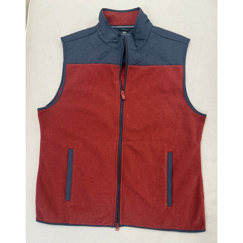 Southern Tide Vest Mens Large Quilted Yoke Fleece Full Zip Red Navy Excellent